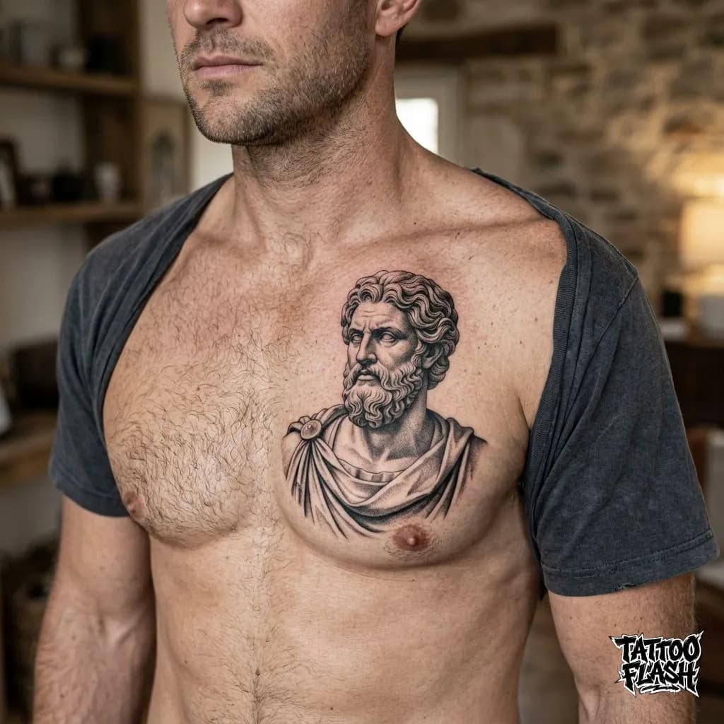 Micro-Realism Greek Statue Chest Tattoo