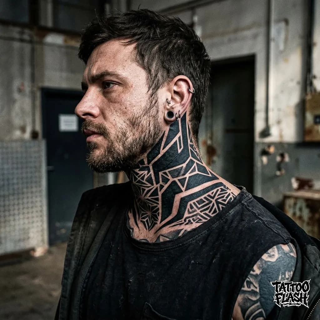 Heavy Blackwork Side Neck Tattoo