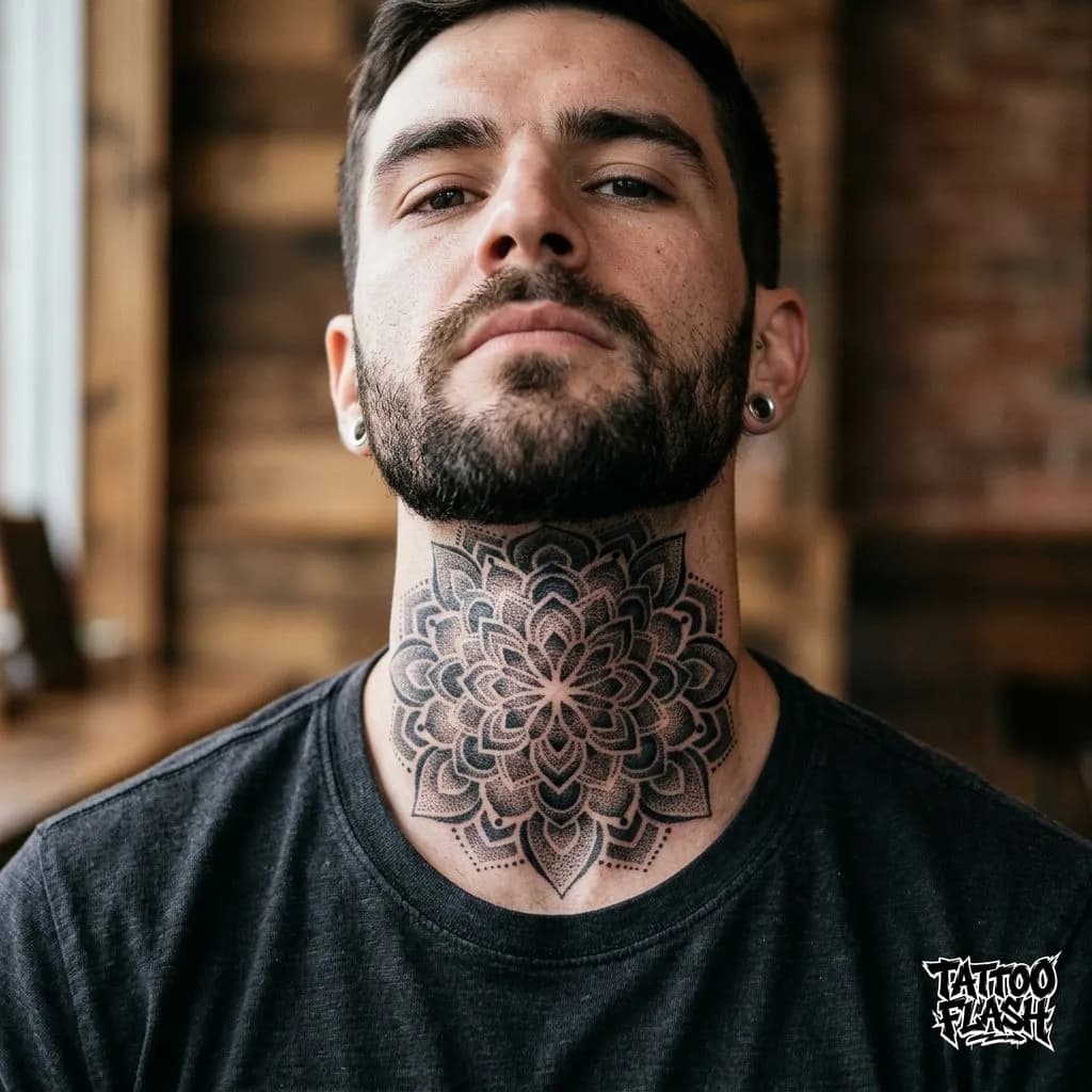 Geometric Mandala Throat Tattoo