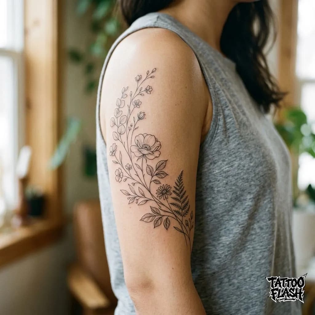 Fine-Line Floral Bicep Tattoo