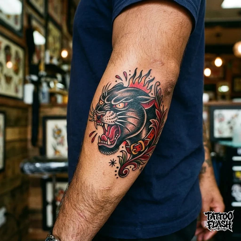 Traditional Panther Forearm Tattoo