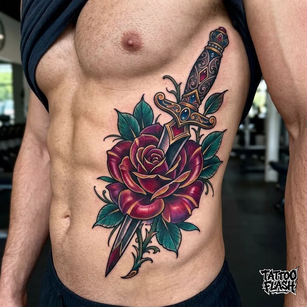 Neo-Traditional Dagger Rib Tattoo