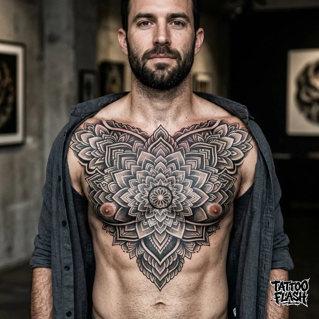 Blackwork Mandala Sternum Tattoo