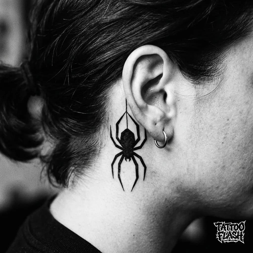 Blackwork Spider Behind Ear Tattoo