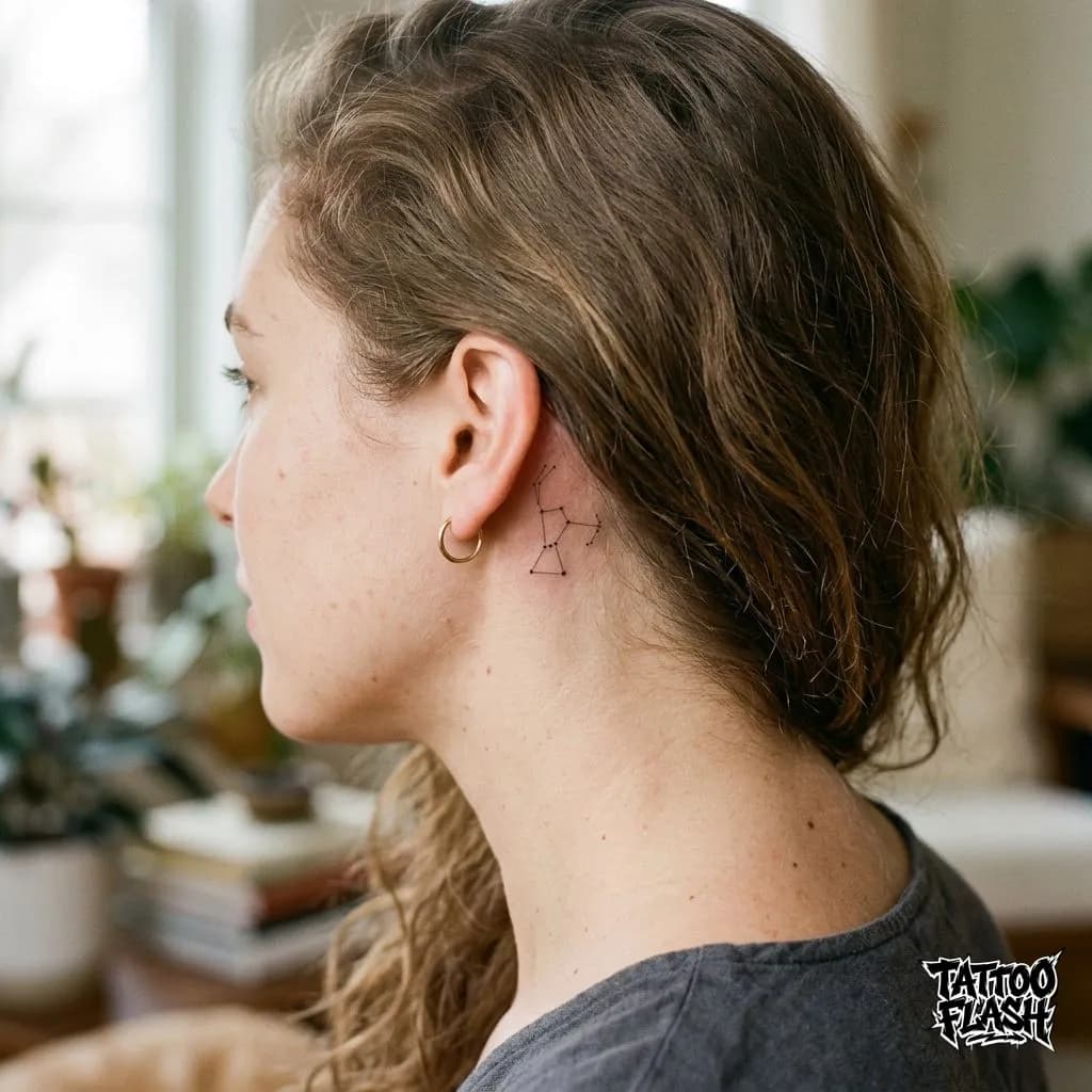 Fine-Line Star Constellation Behind Ear Tattoo