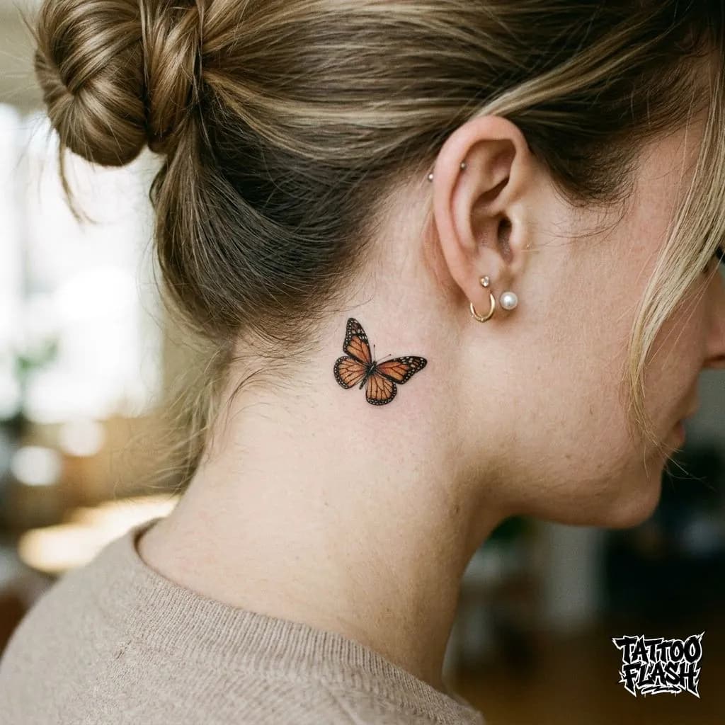 Micro-Realism Butterfly Behind Ear Tattoo