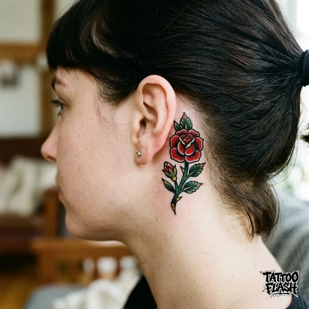 Traditional Rose Behind Ear Tattoo