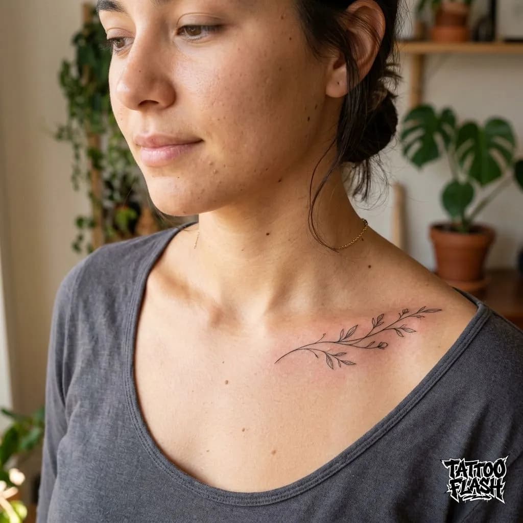 Fine-Line Botanical Collarbone Tattoo