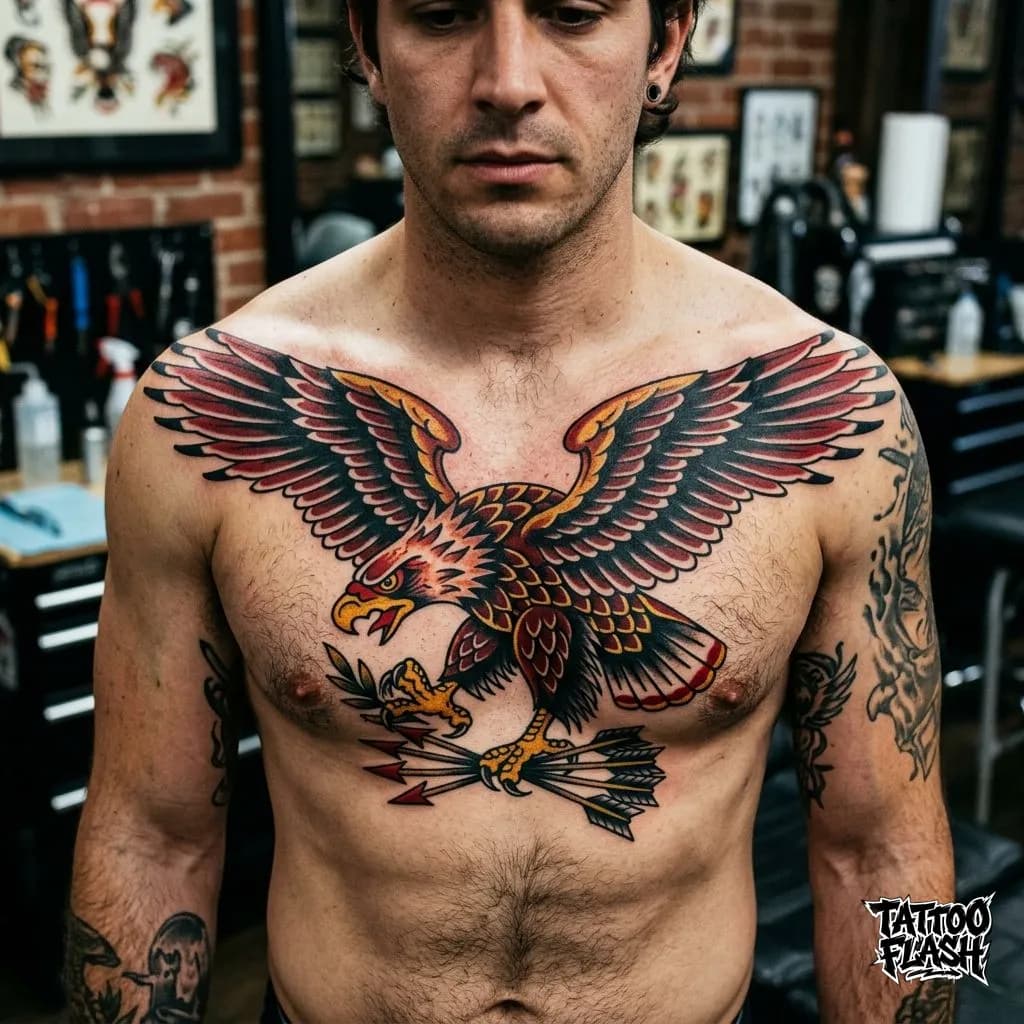 American Traditional Eagle Chest Tattoo