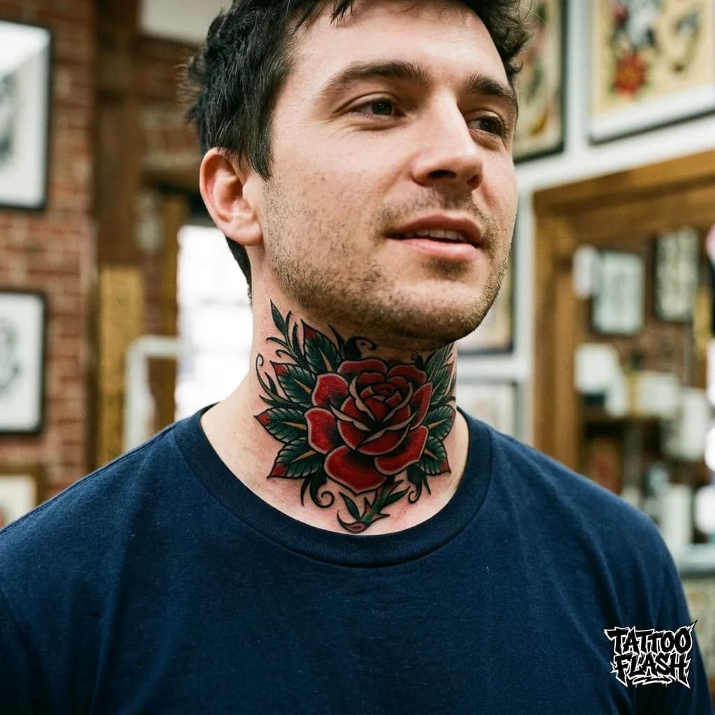 Traditional Red Rose Throat Tattoo