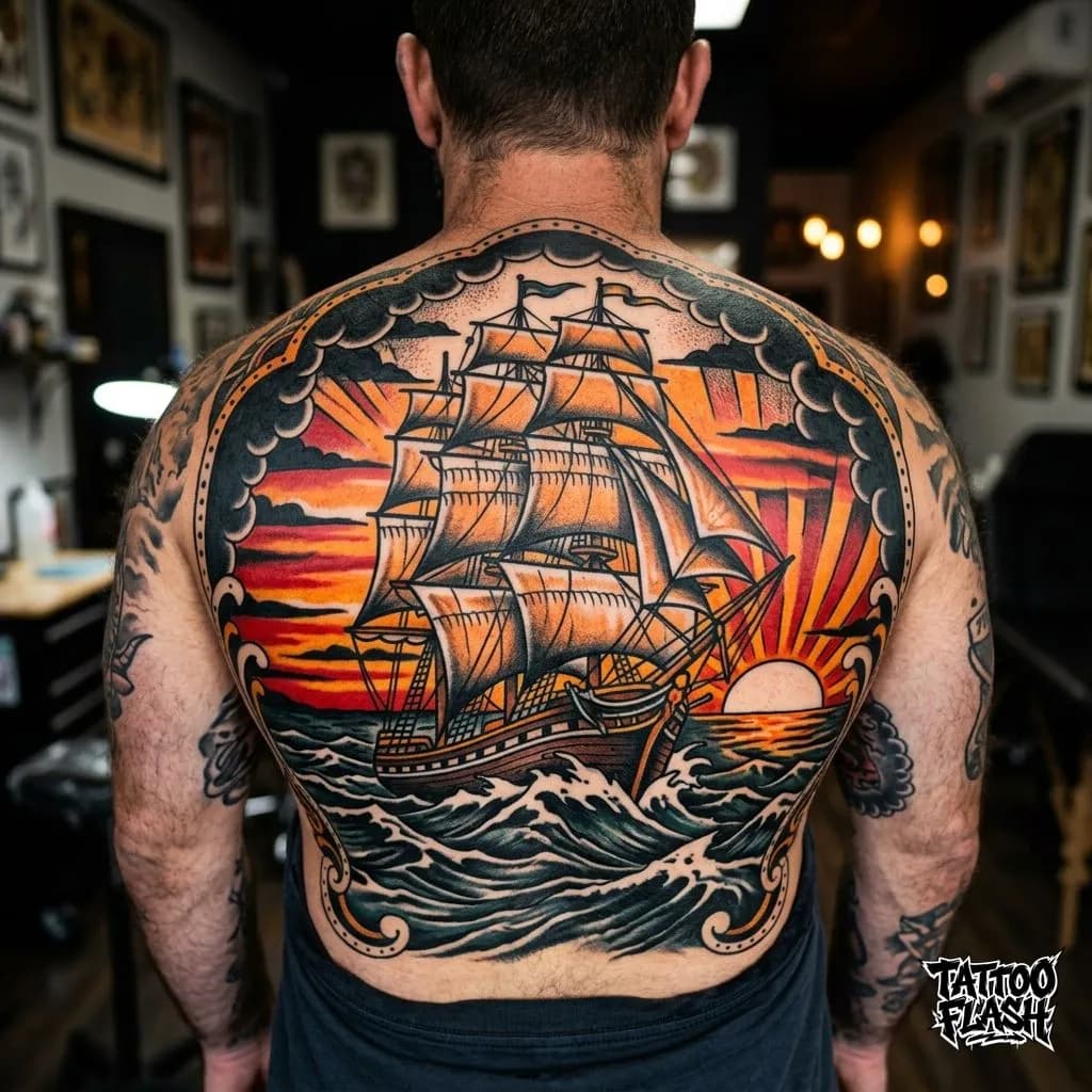 Massive Traditional Clipper Ship Back Tattoo