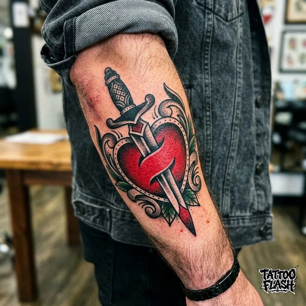 Traditional Dagger and Heart Forearm Tattoo