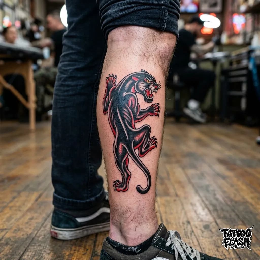 American Traditional Panther Calf Tattoo