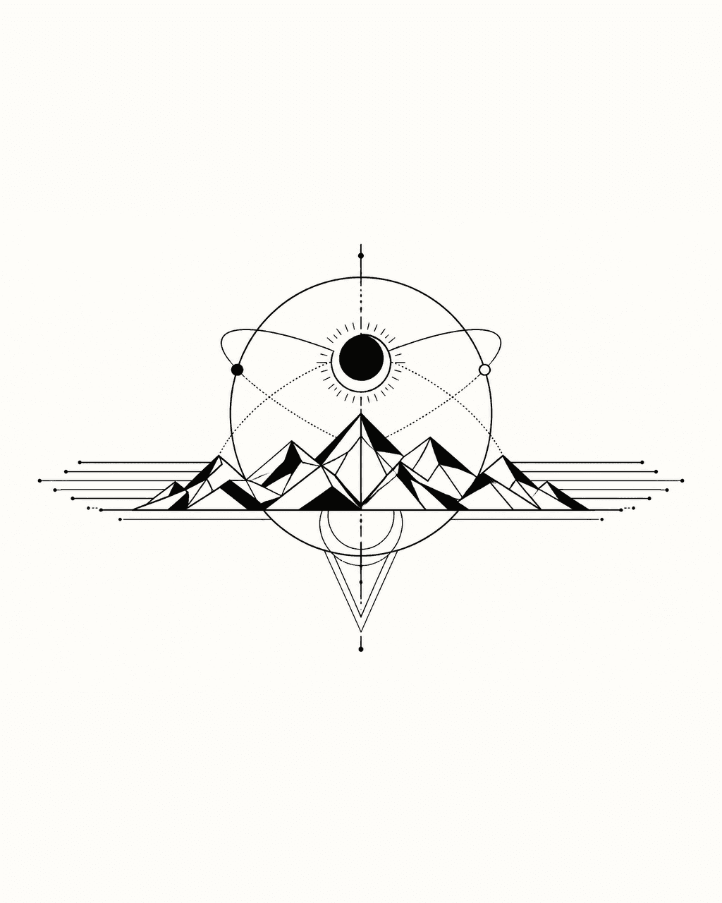 Geometric celestial mountain and orbit chest tattoo design