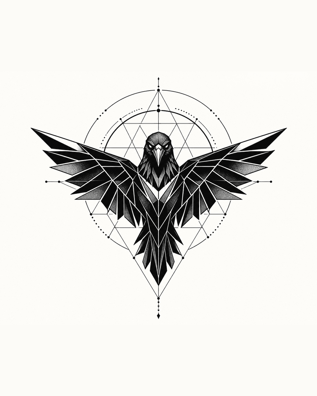 Geometric raven with angular wings and halo upper back tattoo