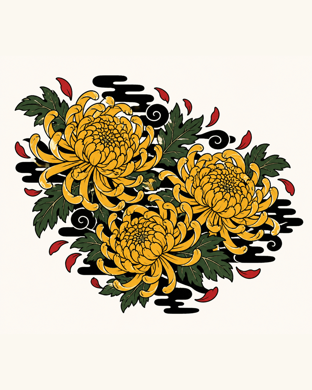 Japanese golden chrysanthemum and wind bar chest tattoo