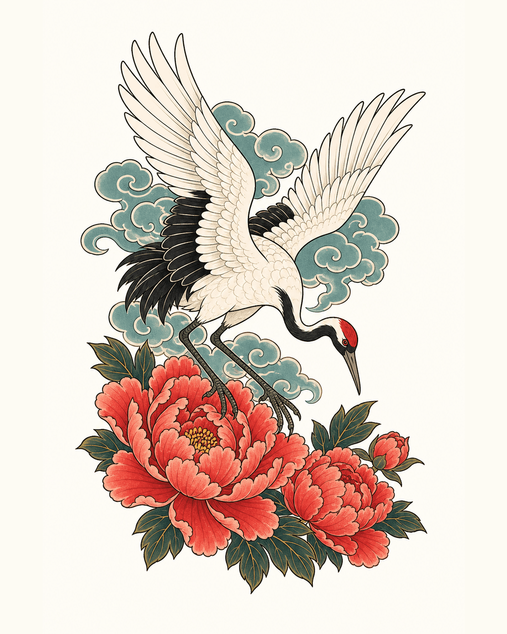 Japanese crane and coral peony shoulder blade tattoo