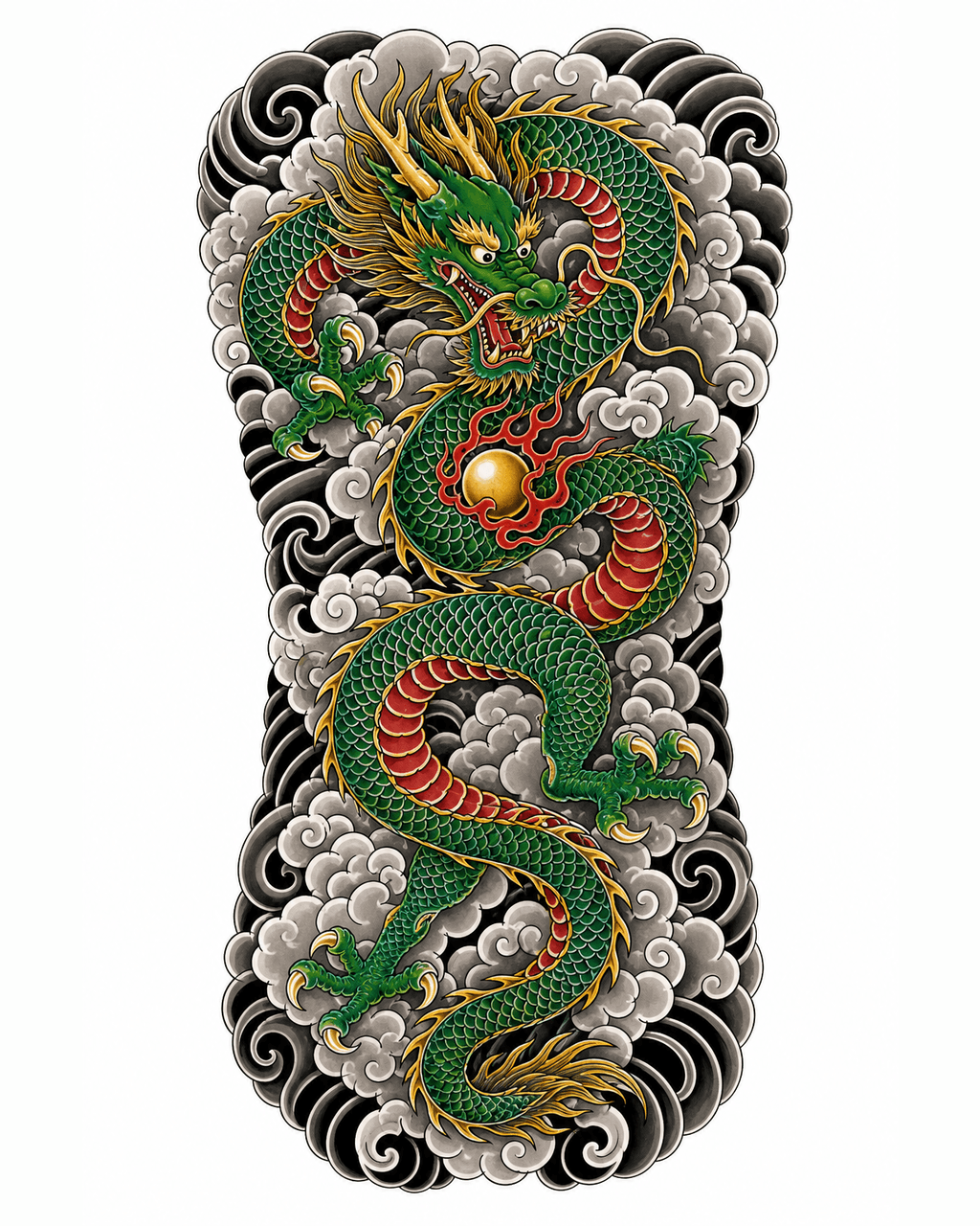 Japanese emerald dragon and storm cloud full back tattoo