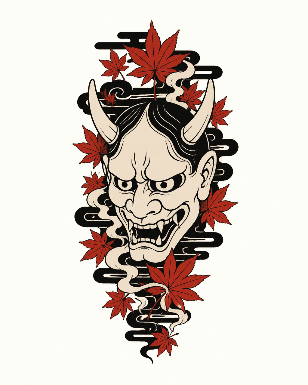 Japanese ivory hannya mask and maple leaf calf tattoo