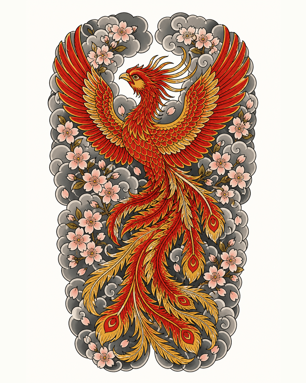 Japanese vermilion phoenix and cherry blossom full back tattoo